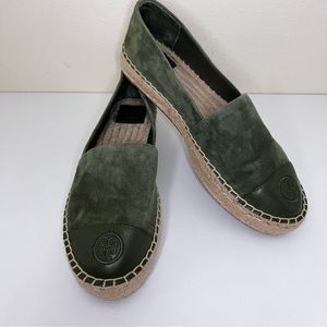 Tory Burch Leccio Verde Green Suede Espadrilles